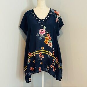 Johnny Was Navy Floral Tunic with Yellow Accents